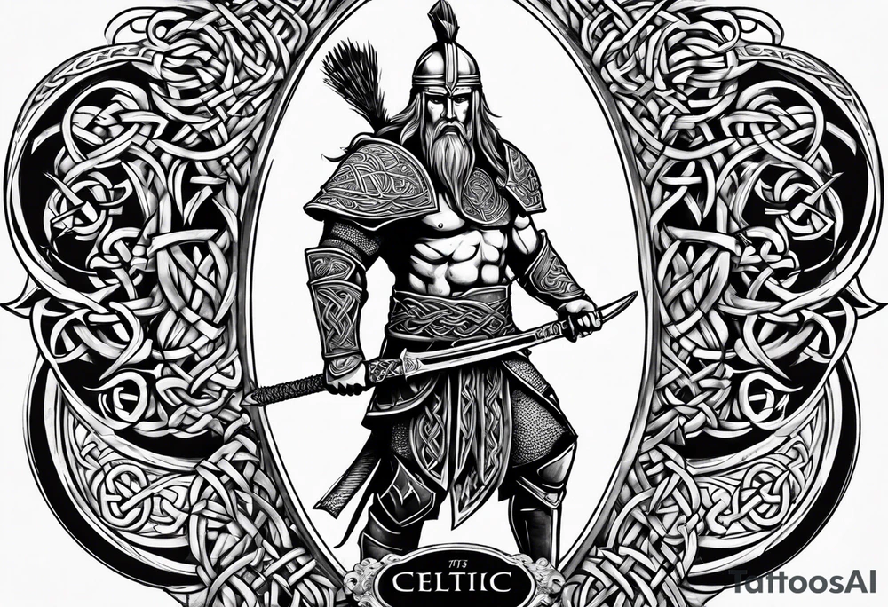 Side profile full body of a celtic warrior with weapons tattoo idea