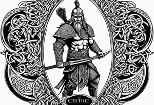 Side profile full body of a celtic warrior with weapons tattoo idea