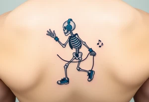 Minimalist funny looking fat skeleton skipping on a jumping rope with blue headphone blue tennis shoes blue arm bands and music notes colorful tattoo idea