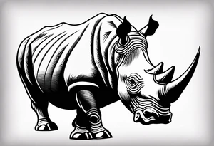 A front-facing rhino head with a sharp elongated tusk that is angry and fierce. Ears pointed straight up and forward a bit. Eyes that pierce your soul. A snarling jowel tattoo idea
