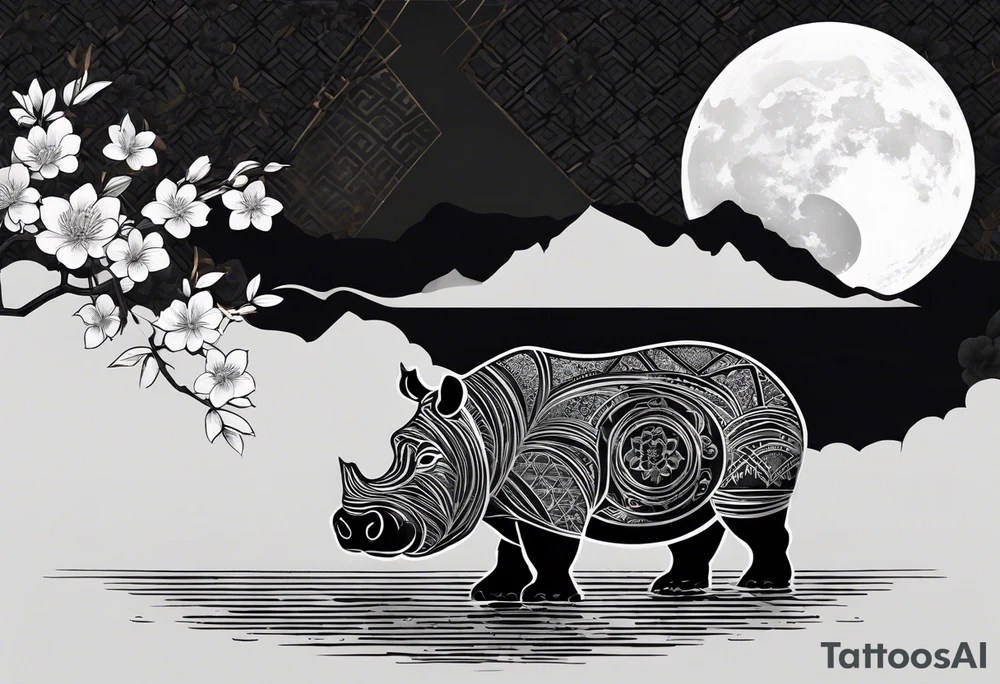 Very asymmetrical, +geometric pattern, with realistic full moon, with serious looking hippo, +zen feel, + Buddhism touch, +tribal, +geometric, +chinese inkart 
with wintersweet flower bud, +portrait orientation, +inkart touch, tattoo idea