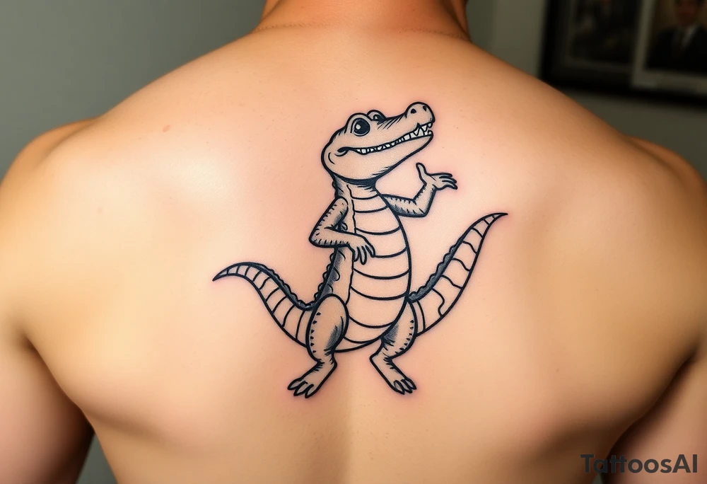 cartoon Mardi gras alligator standing up and dancing tattoo idea