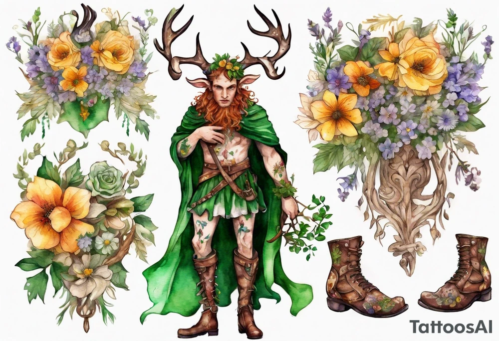 A young handsome Cernunnos covered in flowers wearing medieval boots tattoo idea