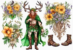 A young handsome Cernunnos covered in flowers wearing medieval boots tattoo idea