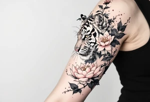 fierce tiger emerging through blooming lotus flowers in mist tattoo idea