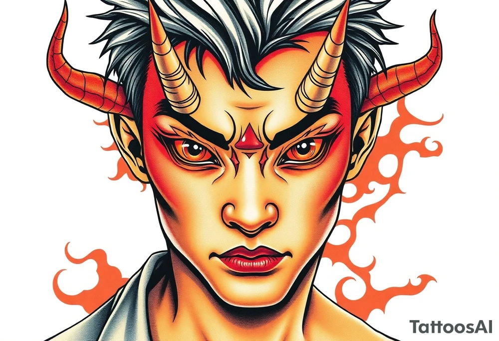 Handsome Asian young guy with demon eyes tattoo idea