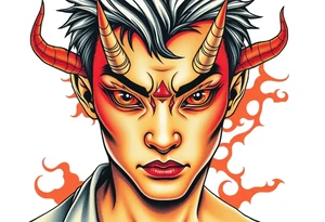 Handsome Asian young guy with demon eyes tattoo idea