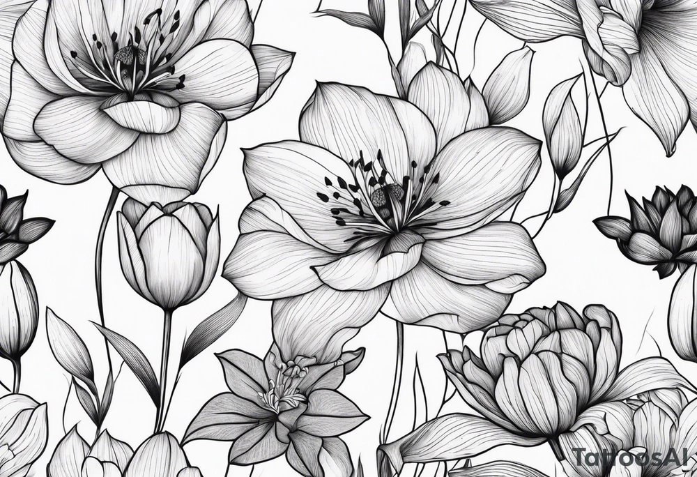 Verticle arm placement of dainty TULIPS, LILLIES, DRAGONflower, poppy, bees, peony, forearm tattoo idea