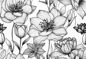 Verticle arm placement of dainty TULIPS, LILLIES, DRAGONflower, poppy, bees, peony, forearm tattoo idea