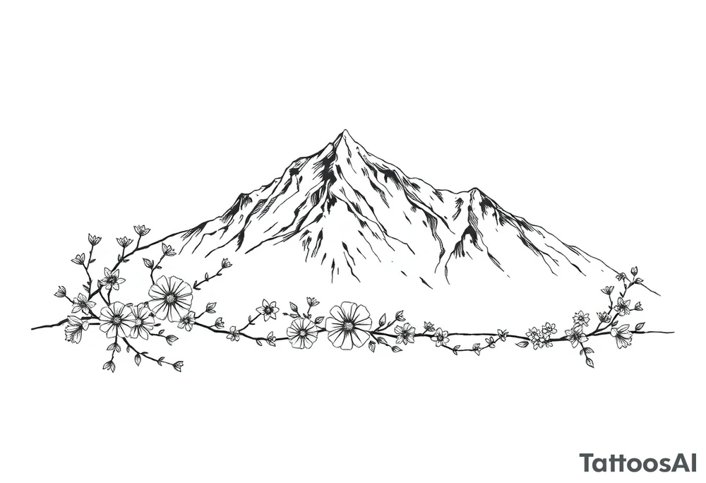 An elongated mountain range with vines and flowers mixed in tattoo idea