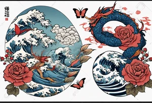 Filler Japanese or Chinese style background for traditional Chinese dragon, Hokusai great wave tattoo in a circle and a traditional rose and butterfly tattoo tattoo idea