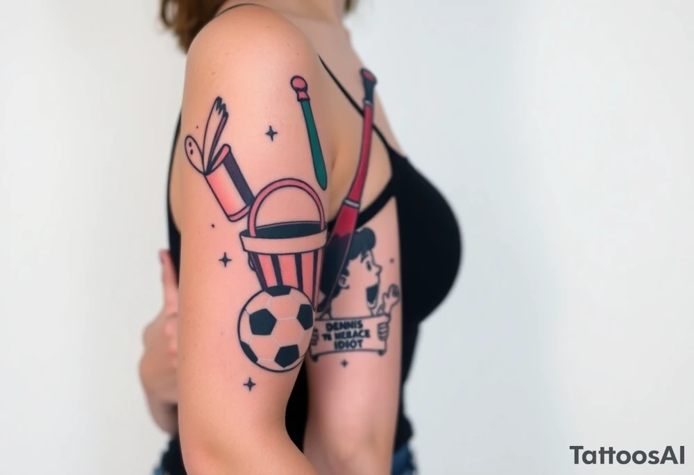 Childhood memories of a book, a bucket and spade, a football, a cricket bat, a cartoon of Dennis the Menace from the Beano comic, and the American Idiot symbol tattoo idea