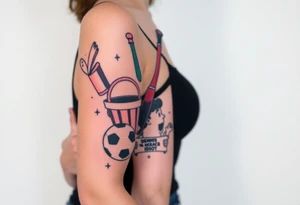 Childhood memories of a book, a bucket and spade, a football, a cricket bat, a cartoon of Dennis the Menace from the Beano comic, and the American Idiot symbol tattoo idea