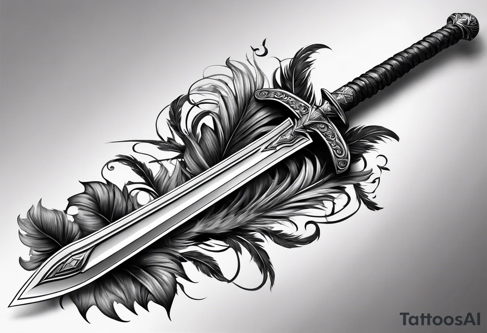 longsword with feathers alongside attached at base that span the length of the sword tattoo idea