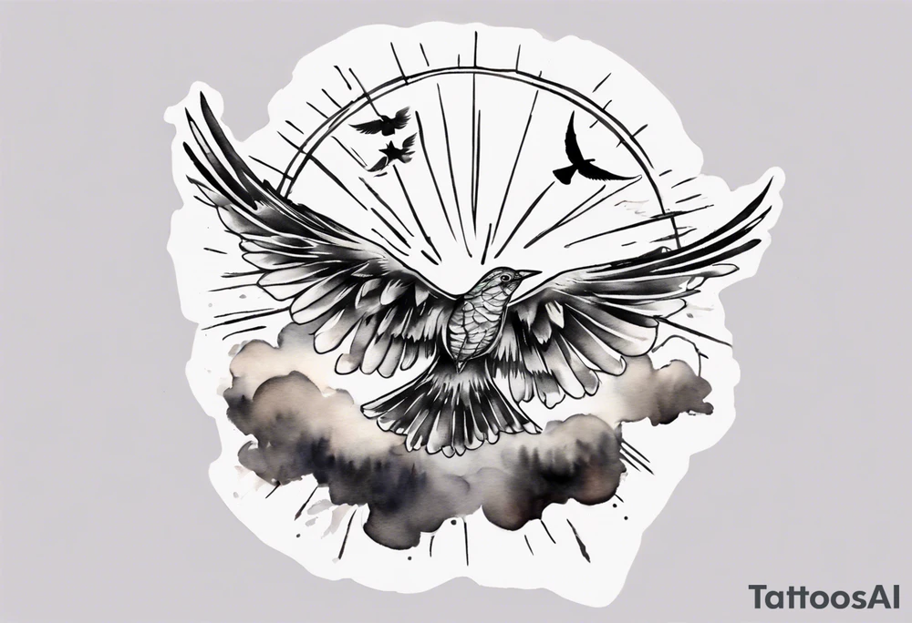 a shoulder tattoo with lots of rays of light in gradient starting from the middle
, clouds and birds flying free tattoo idea