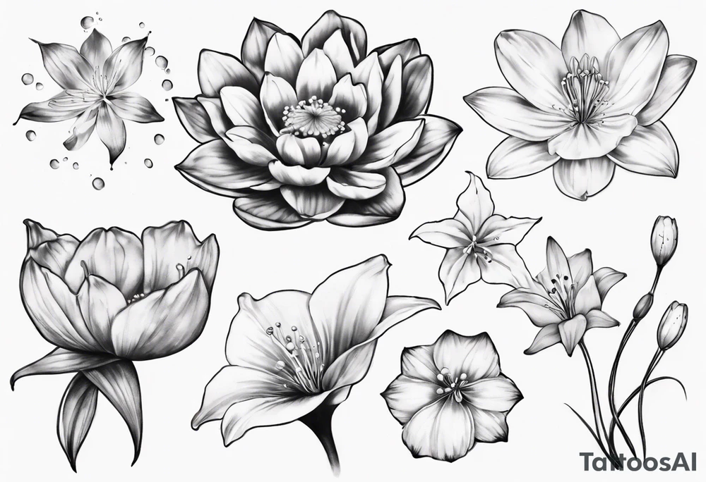 Make a tattoo with Cosmos flower, lily Of the valley, water lily, snow drop, and morning glory tattoo idea