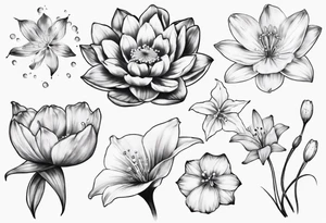 Make a tattoo with Cosmos flower, lily Of the valley, water lily, snow drop, and morning glory tattoo idea