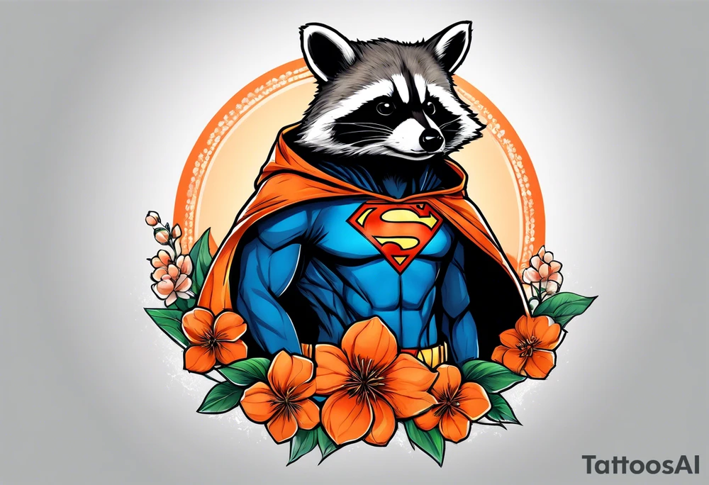 raccoon wearing a Superman hoodie with orange blossoms tattoo idea