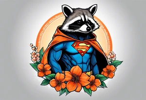 raccoon wearing a Superman hoodie with orange blossoms tattoo idea