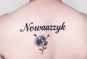 The word "Nowaczyk" with three flowers on the lower tricep tattoo idea