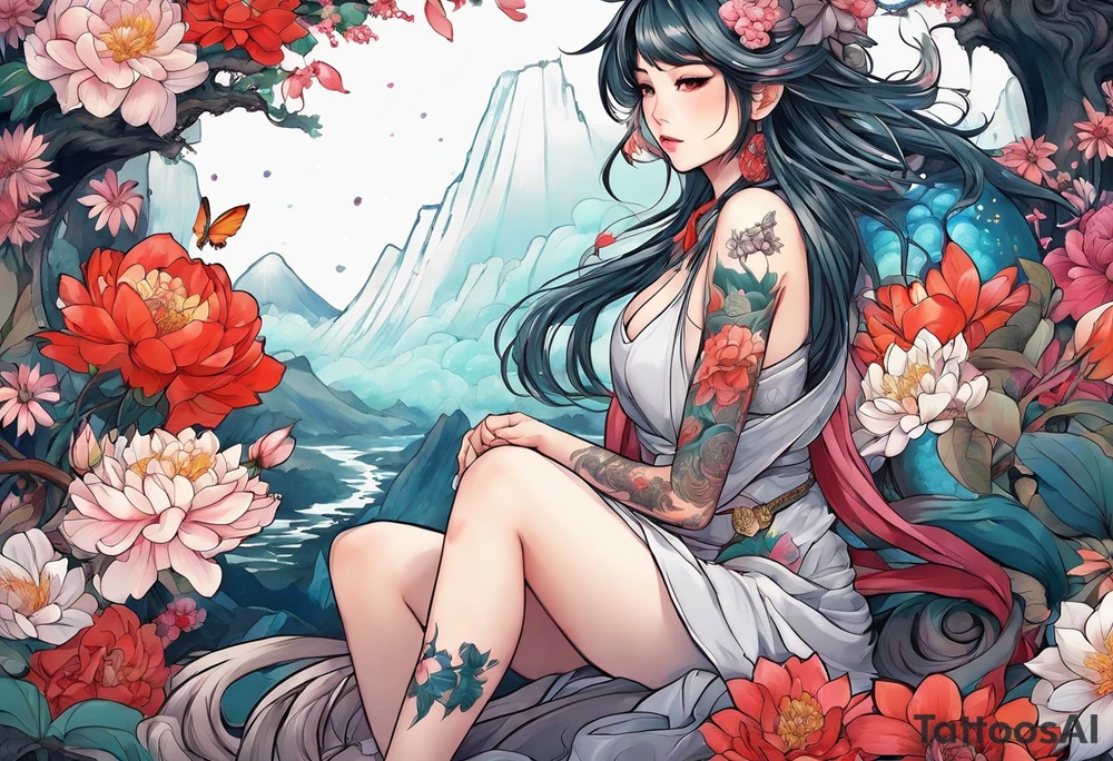 an anime girl sitting sideway on a asian monster surrounded by flowers tattoo idea