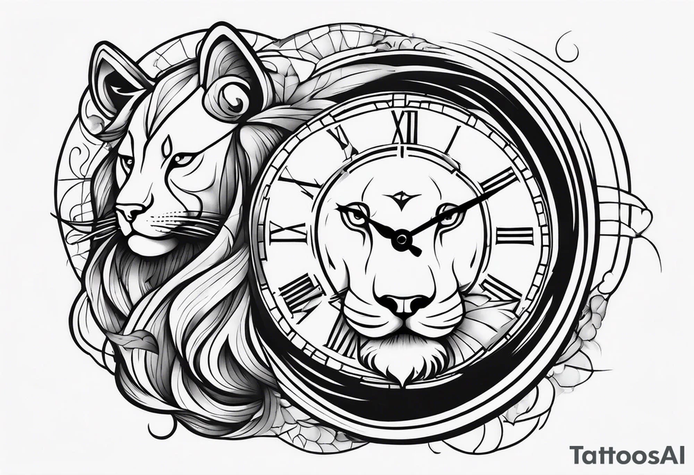 leão com relógio e bússola no fundo tattoo idea