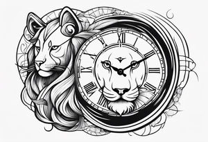 leão com relógio e bússola no fundo tattoo idea