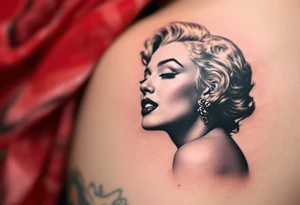 A side-profile portrait of Marilyn in faded black ink with soft blush undertones and golden highlights in her hair. tattoo idea