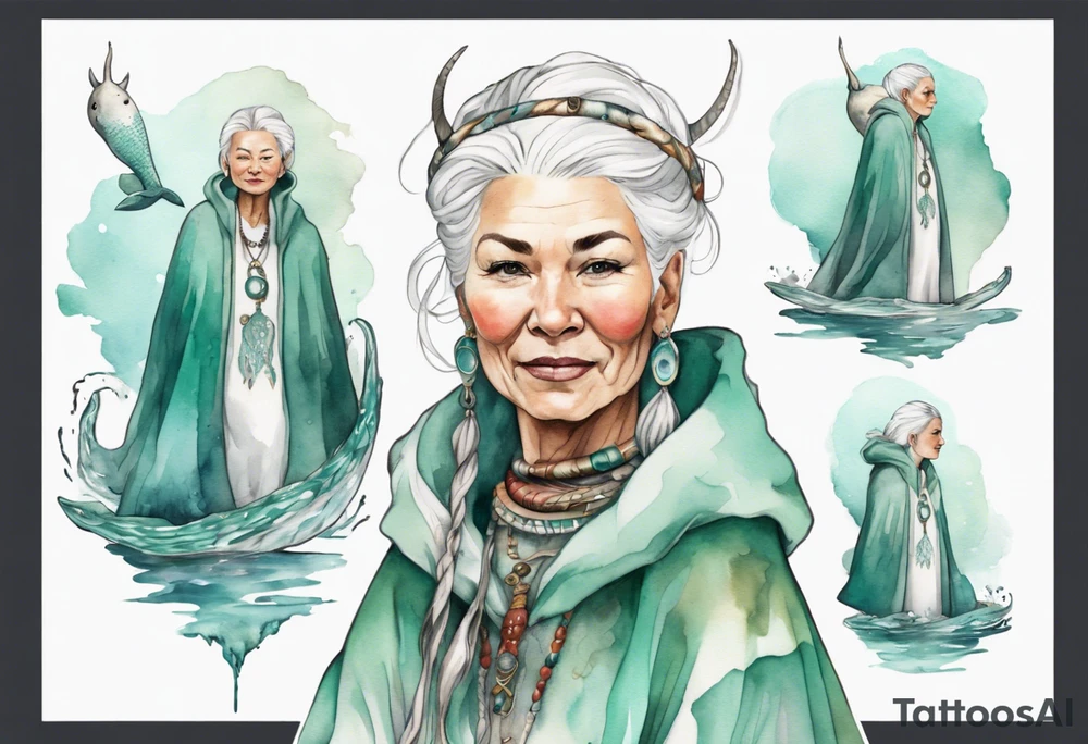a 45-year-old Sami woman with white  hair wearing a white and mint cloak riding on the back of a narwhal tattoo idea