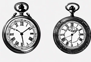 Pocket watch with chain, Roman numerals, date in Roman numerals inside timepiece, classic, elegant, traditional tattoo idea