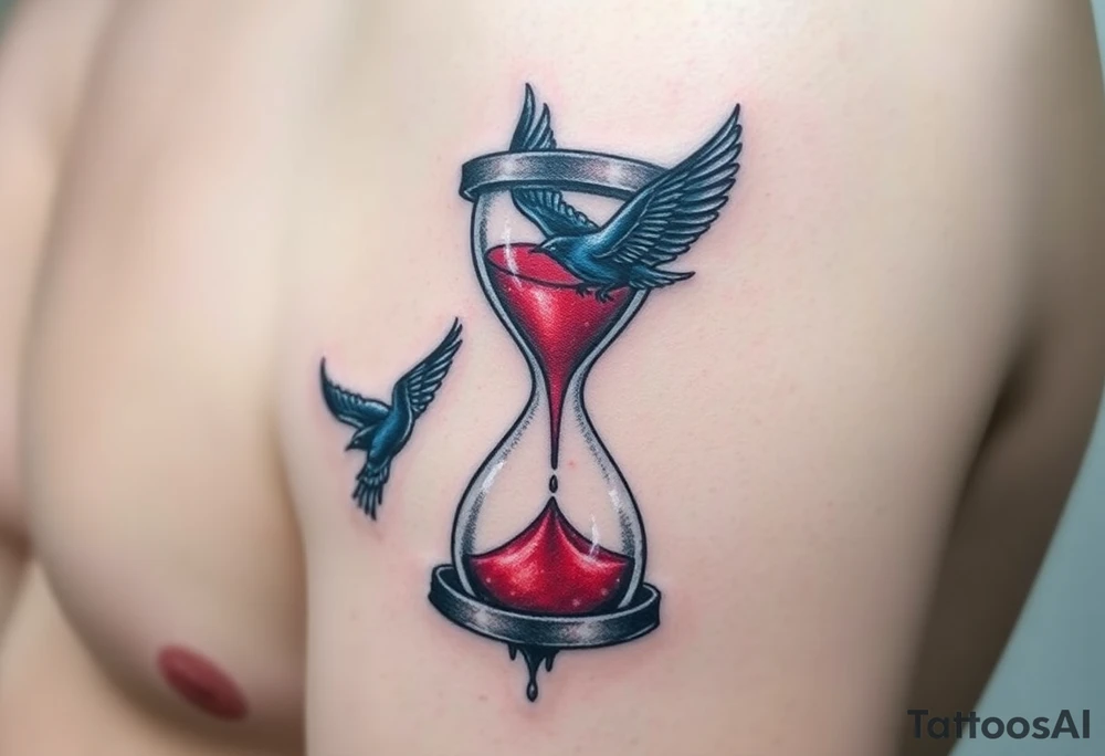 An Hourglass with Sand Turning into Birds(only red , blue and black are possible colors) tattoo idea