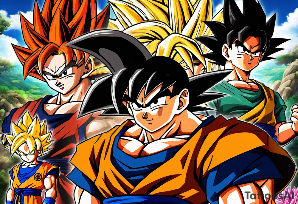 Son-Goku as a child in the foreground and an older version of him as a super saiyajin behind him. A huge dragonball surrounds the whole scenery. Fokus friends are behind him as shadows tattoo idea