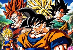 Son-Goku as a child in the foreground and an older version of him as a super saiyajin behind him. A huge dragonball surrounds the whole scenery. Fokus friends are behind him as shadows tattoo idea