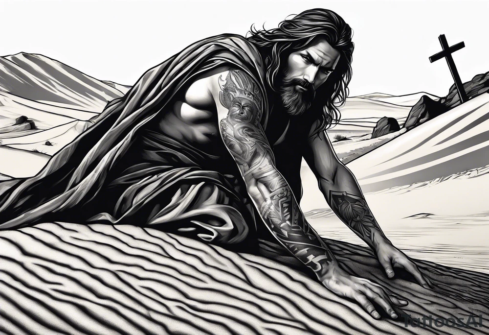 man crawling in a desert reaching to the cross of Christ tattoo idea