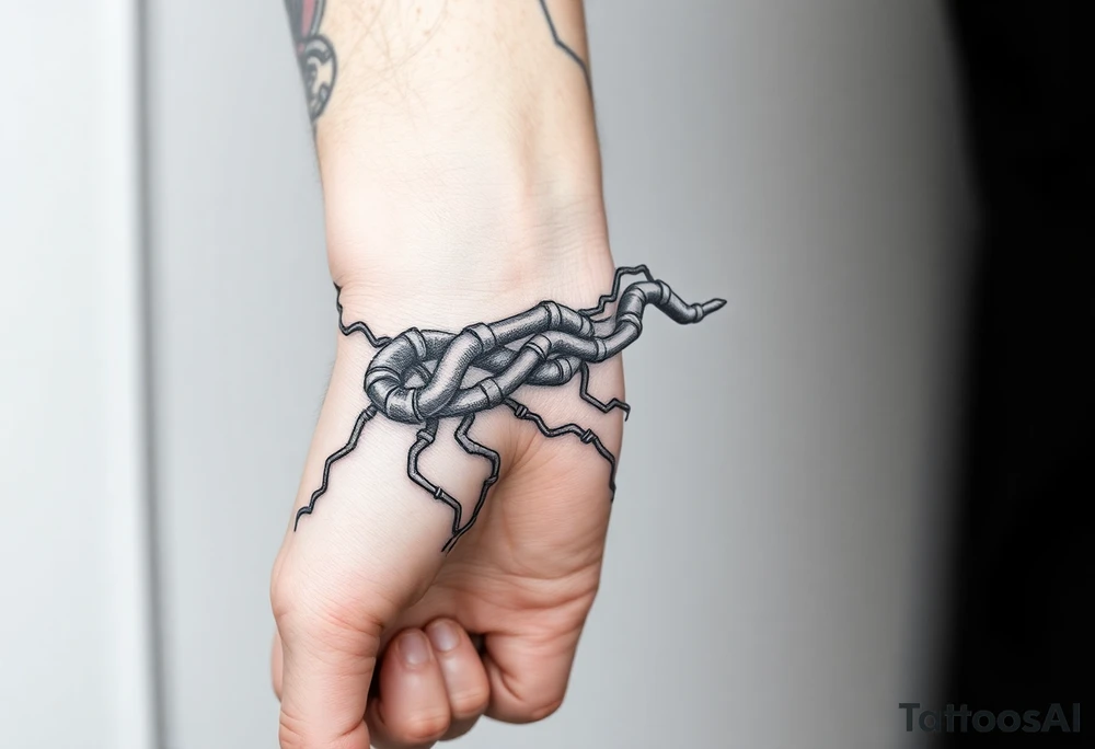 long System of pipes that transitions into veins of forearm tattoo idea
