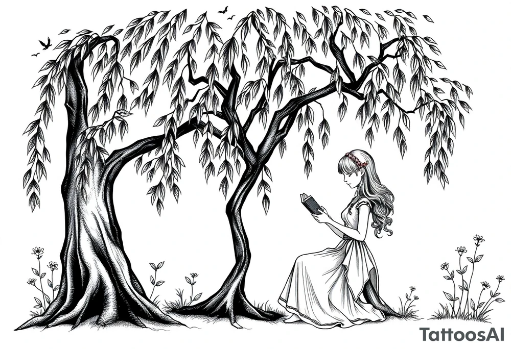 Magical woodland scene with a pretty girl reading a book leaning against a very pretty willow tree tattoo idea