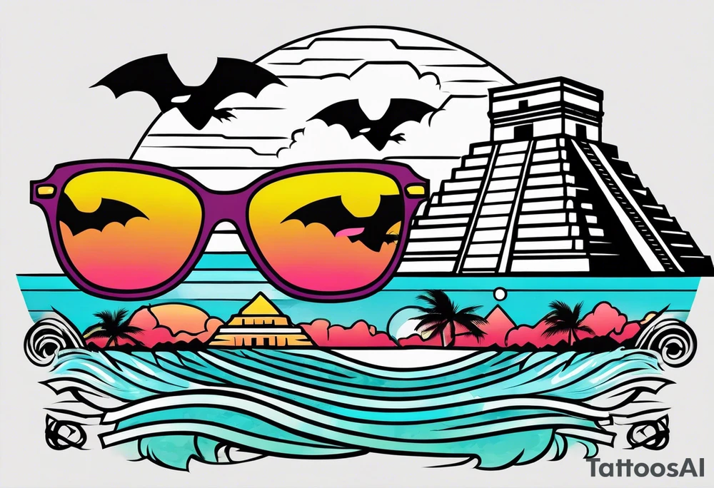 Colorful Mayan hieroglyph with sunglasses reflecting Chichen itza. Bats and waves tattoo idea