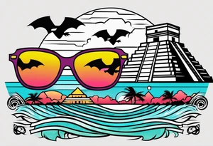 Colorful Mayan hieroglyph with sunglasses reflecting Chichen itza. Bats and waves tattoo idea
