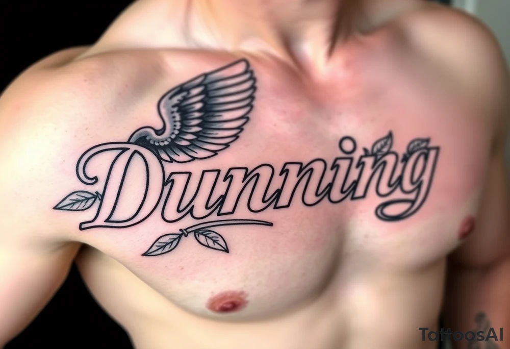 Dunning, Details include name in white color,angel wing, rain drop jungles leaves,cool font, gold tattoo idea