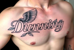 Dunning, Details include name in white color,angel wing, rain drop jungles leaves,cool font, gold tattoo idea