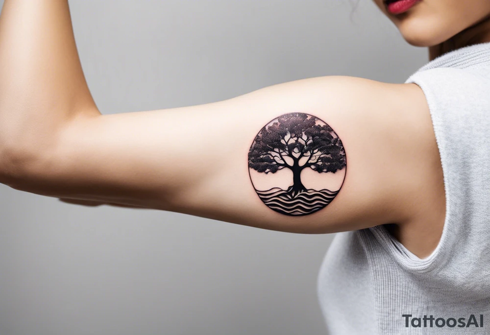 A tattoo of an abstract Tree of Life tattoo to be placed directly on the bicep of a woman. It can wrap around the arm a little. It should have roots growing out of the bottom. The roots slowly turn into water from the Great Wave by Hokusai. A golf flag should be placed discreetly growing out of the ground. 2 license plate tags should be hanging from the tree. Place a few music notes in the areas the leaves should be. The letters A U should be engraving into the tree trunk in a heart. Not inside a circle. The overall shape of the tattoo should be organic. Black and white only. tattoo idea