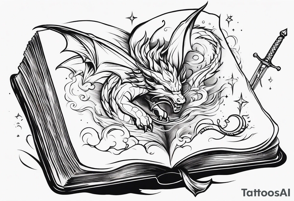 an empty open book with a sword through it, small dragons and sparks surrounding the book. small design tattoo idea