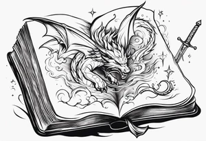 an empty open book with a sword through it, small dragons and sparks surrounding the book. small design tattoo idea