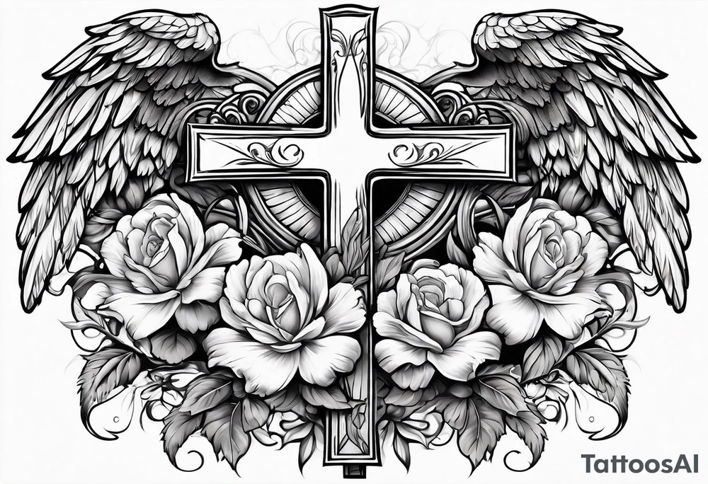 Flowers around a cross with angel wings tattoo idea