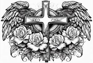 Flowers around a cross with angel wings tattoo idea