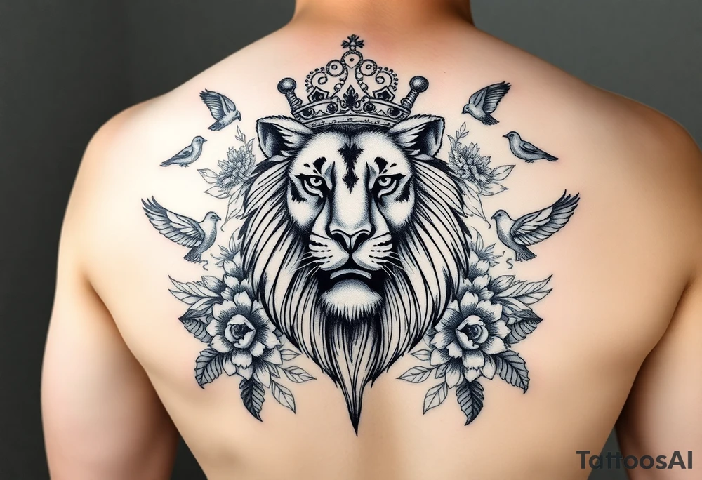 powerful majestic lion with a crown, surrounded by floral ornaments and birds tattoo idea