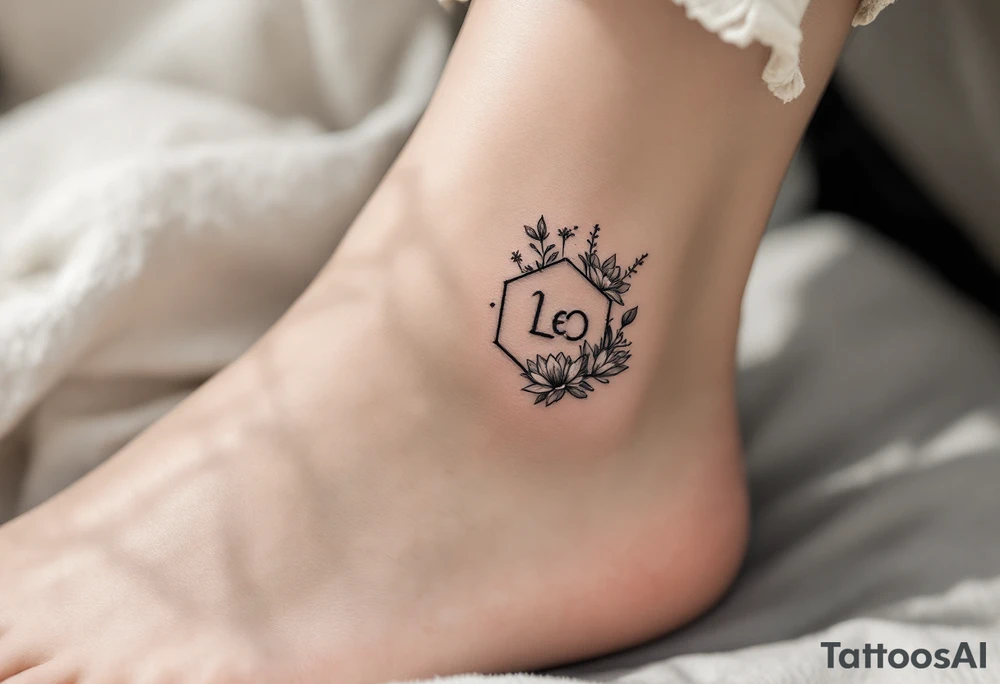 Small Feminine simple Dotted Line hexagon with Leo astrological symbol surrounded by larkspurs and water lilies tattoo idea