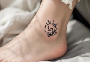 Small Feminine simple Dotted Line hexagon with Leo astrological symbol surrounded by larkspurs and water lilies tattoo idea