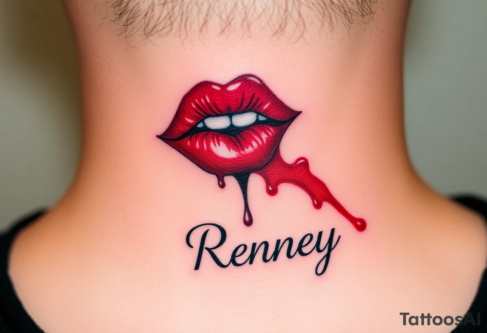Seductive Stain from lipstick kiss with name Reney lowercase with drool tattoo idea