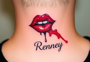 Seductive Stain from lipstick kiss with name Reney lowercase with drool tattoo idea